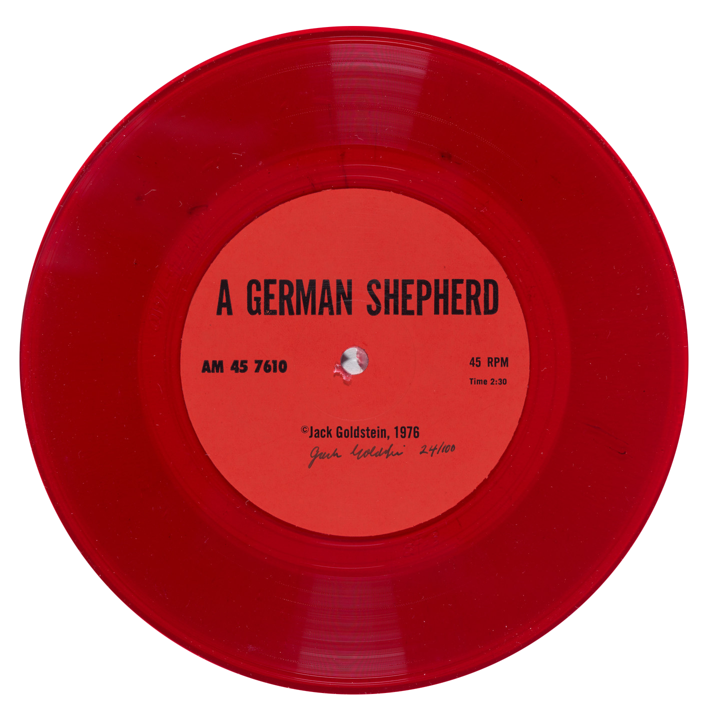  A GERMAN SHEPHERD 
Red vinyl - 45 rpm 7-inch record

A German Shepherd is one of the nine components of :
A Suite of Nine 45 rpm 7-Inch Records with Sound Effects
1976
