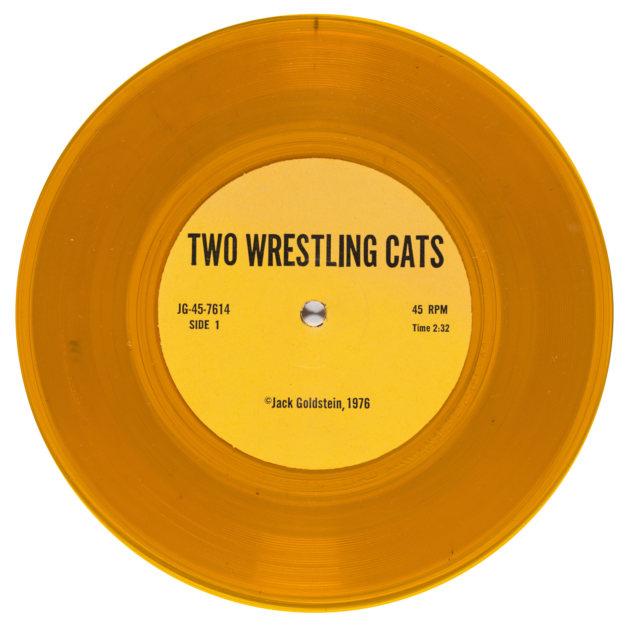  Two Wrestling Cats
Yellow vinyl - 45 rpm 7-inch record

Two Wrestling Cats is one of the nine components of :
A Suite of Nine 45 rpm 7-Inch Records with Sound Effects
1976